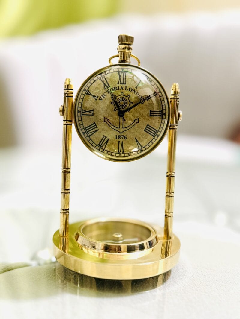 Nautical Unique Brass Desk Clock With Compass At Backside & Base