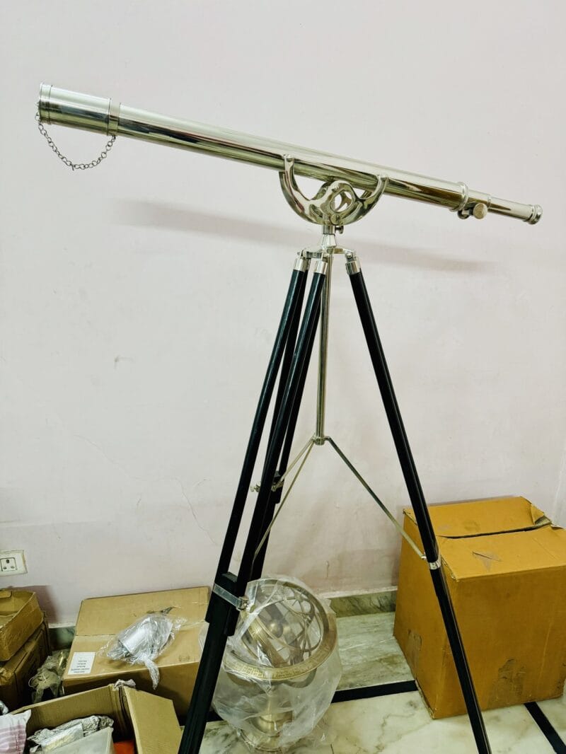 1 Meter Brass Telescope In Silver Chrome With Wooden Tripod Stand